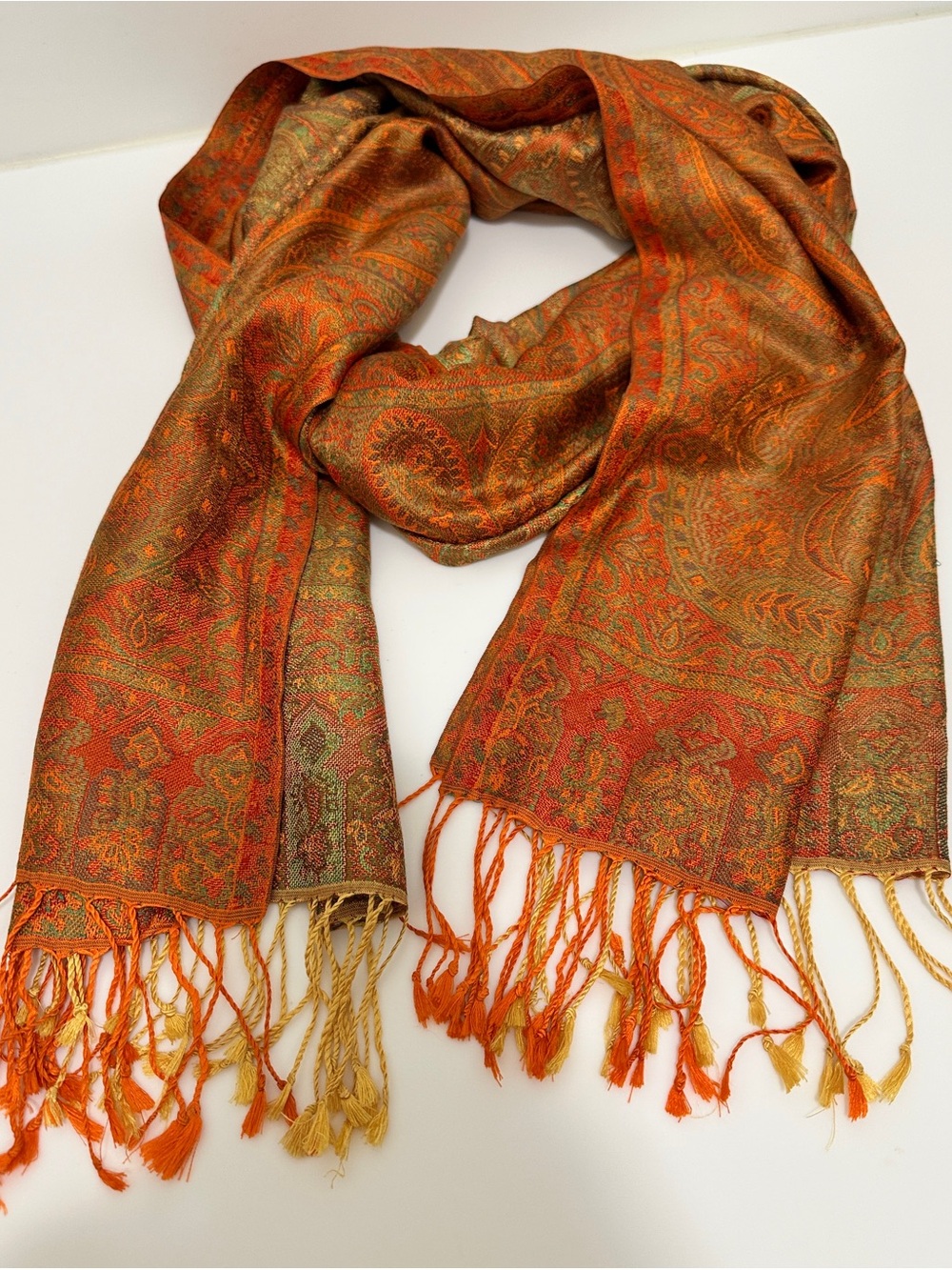 pashmina Orange Paisley Woven Fringe Scarf